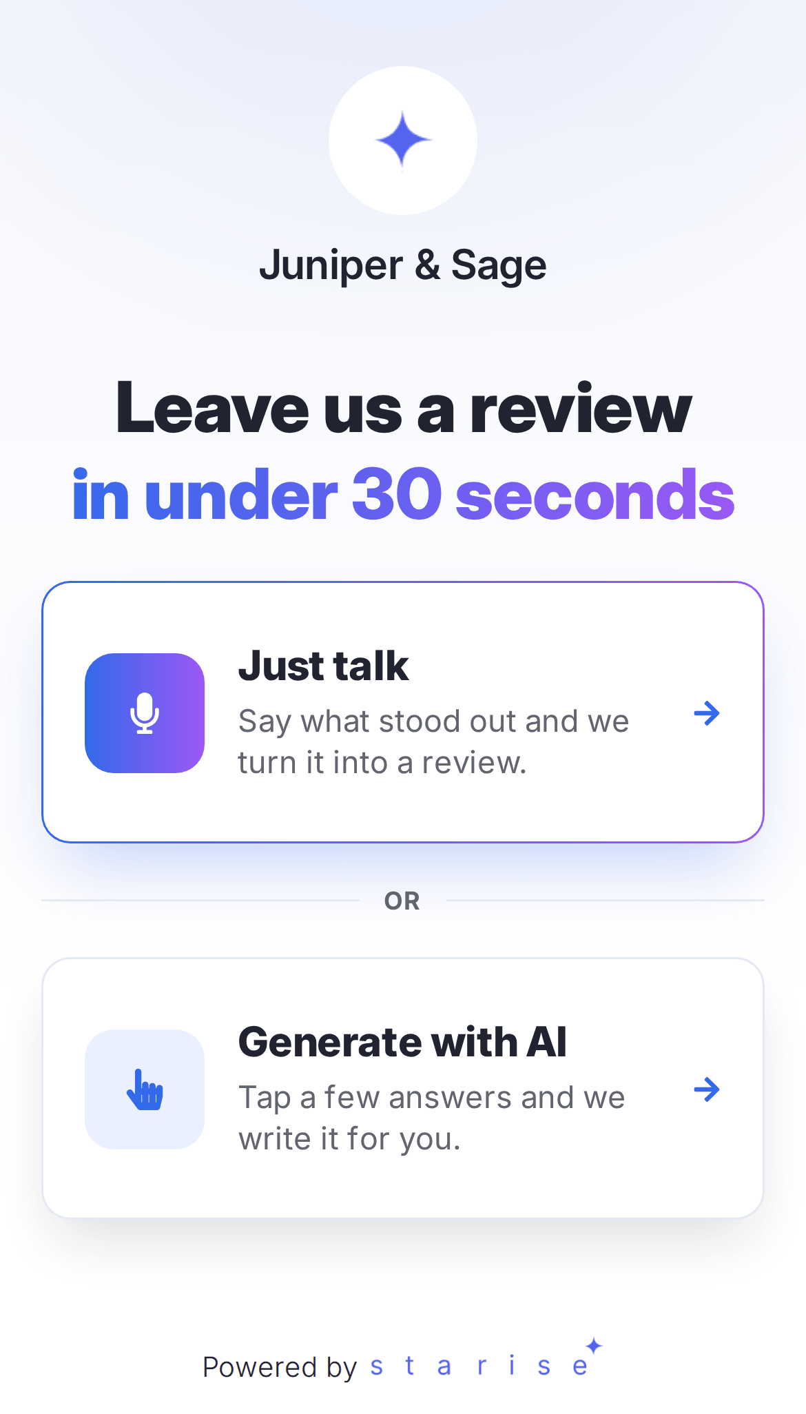 Starise guest feedback flow on a phone: leave a review in under 30 seconds by talking or tapping