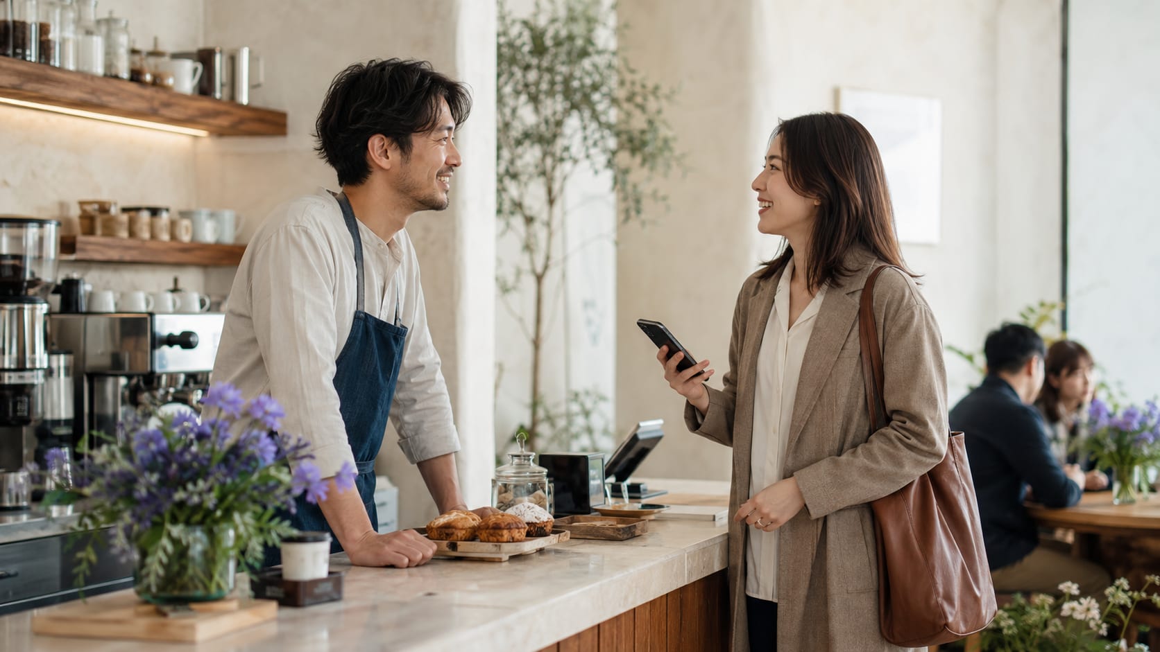 Illustrative scene of a cafe owner talking with a guest at the counter