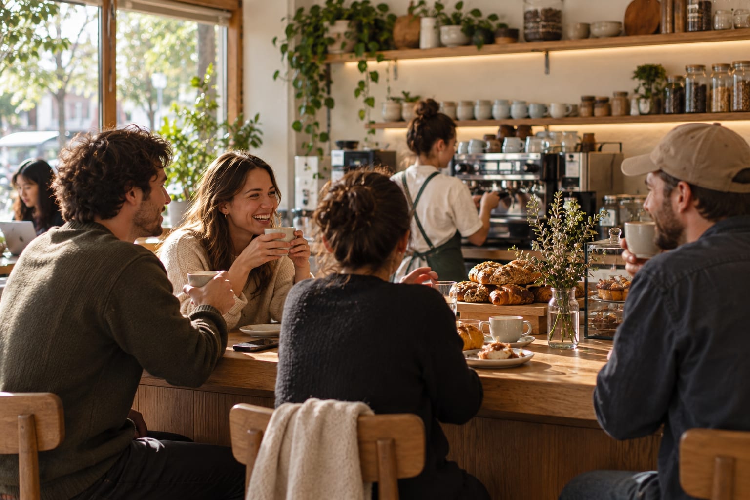 Regulars enjoying coffee and conversation at a busy café counter