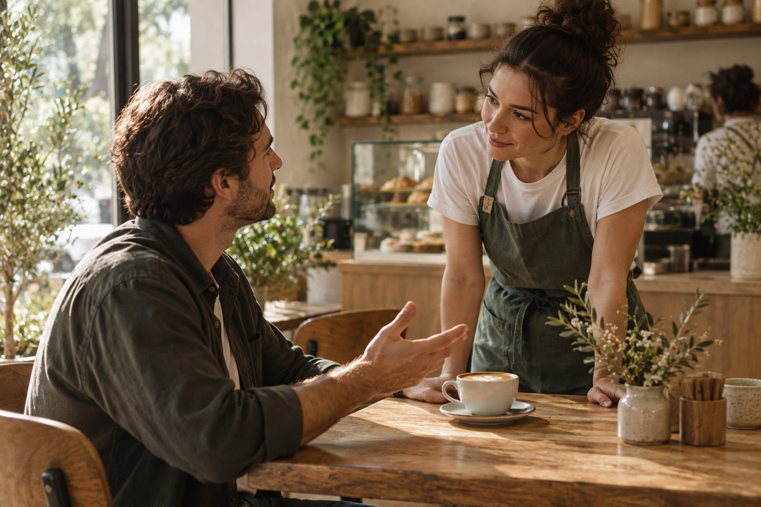 A barista listening to a customer over a replacement coffee