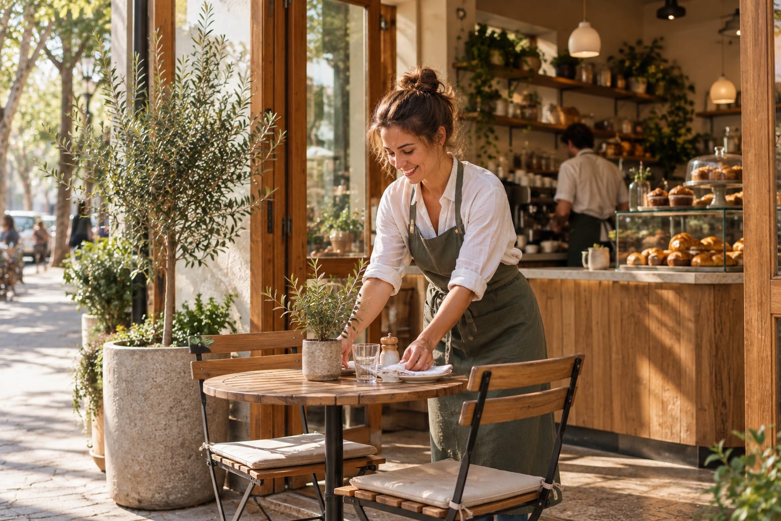 A café owner setting a table outside her newly opened café