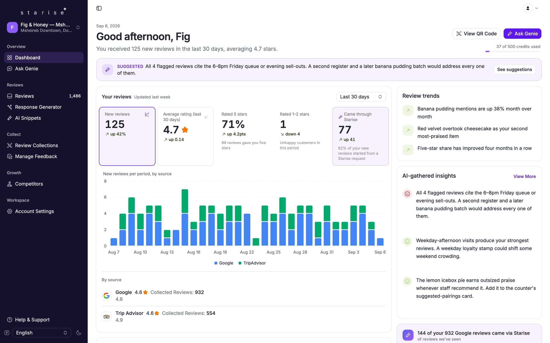 The dashboard's review chart beside the trends and AI-gathered insights