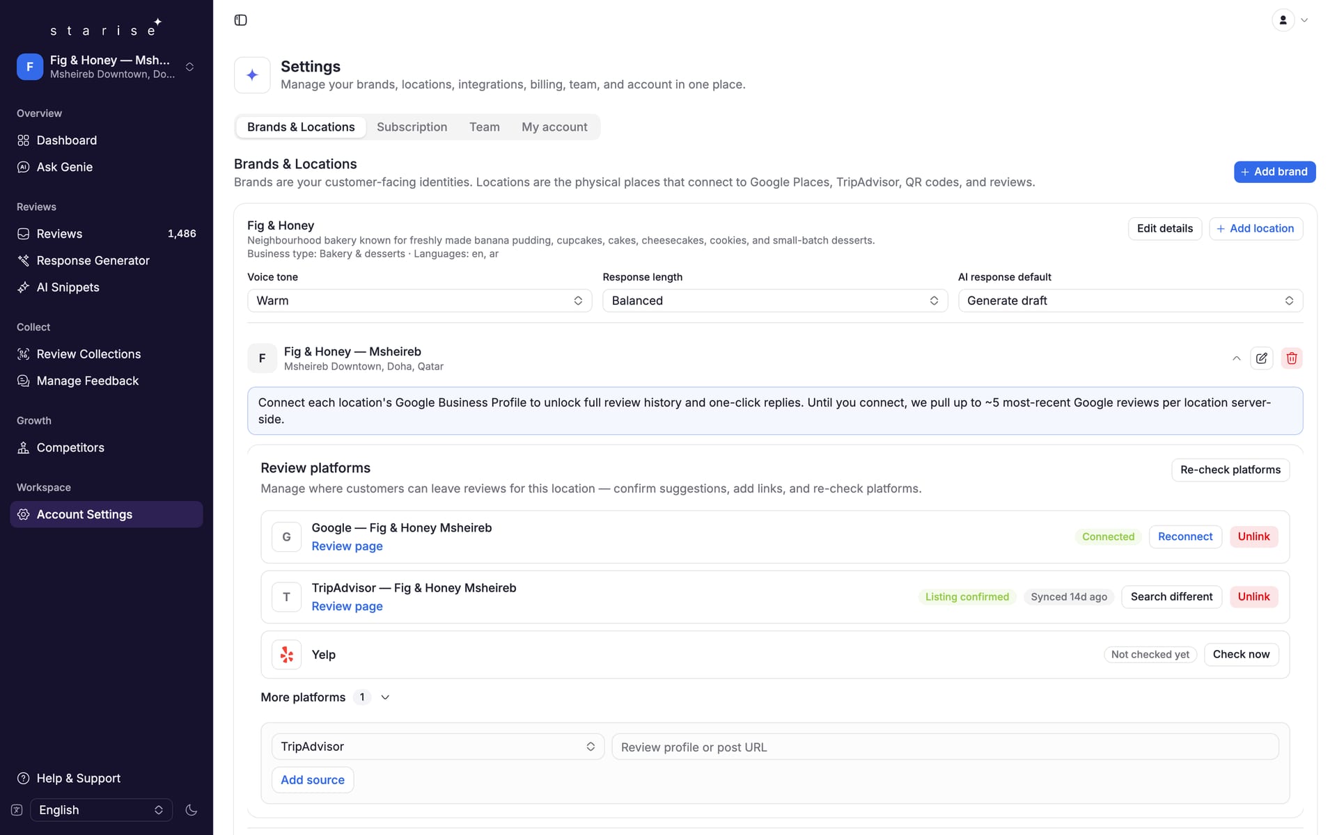Review platforms connected for a location: Google, TripAdvisor and Yelp