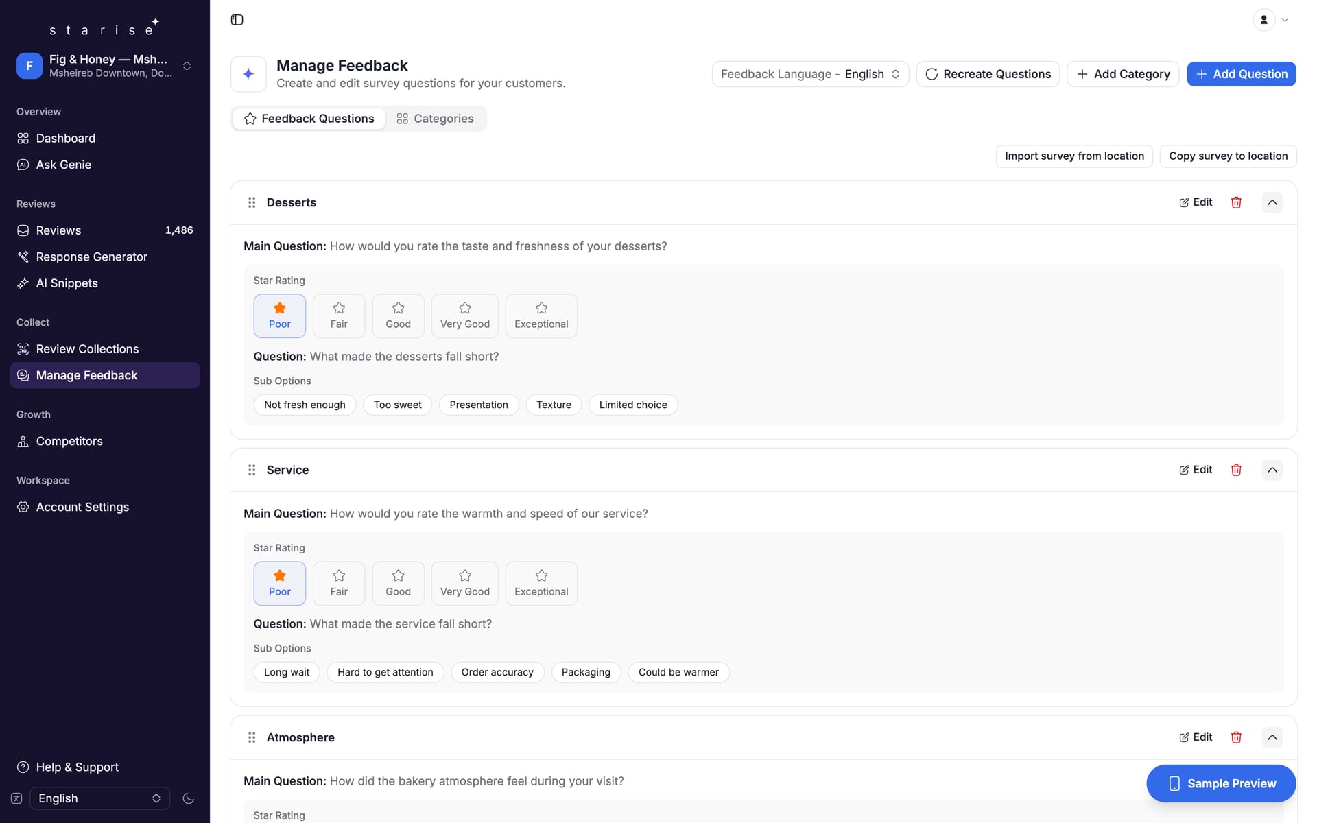 The survey editor with a Desserts question, its star rating and the follow-up options