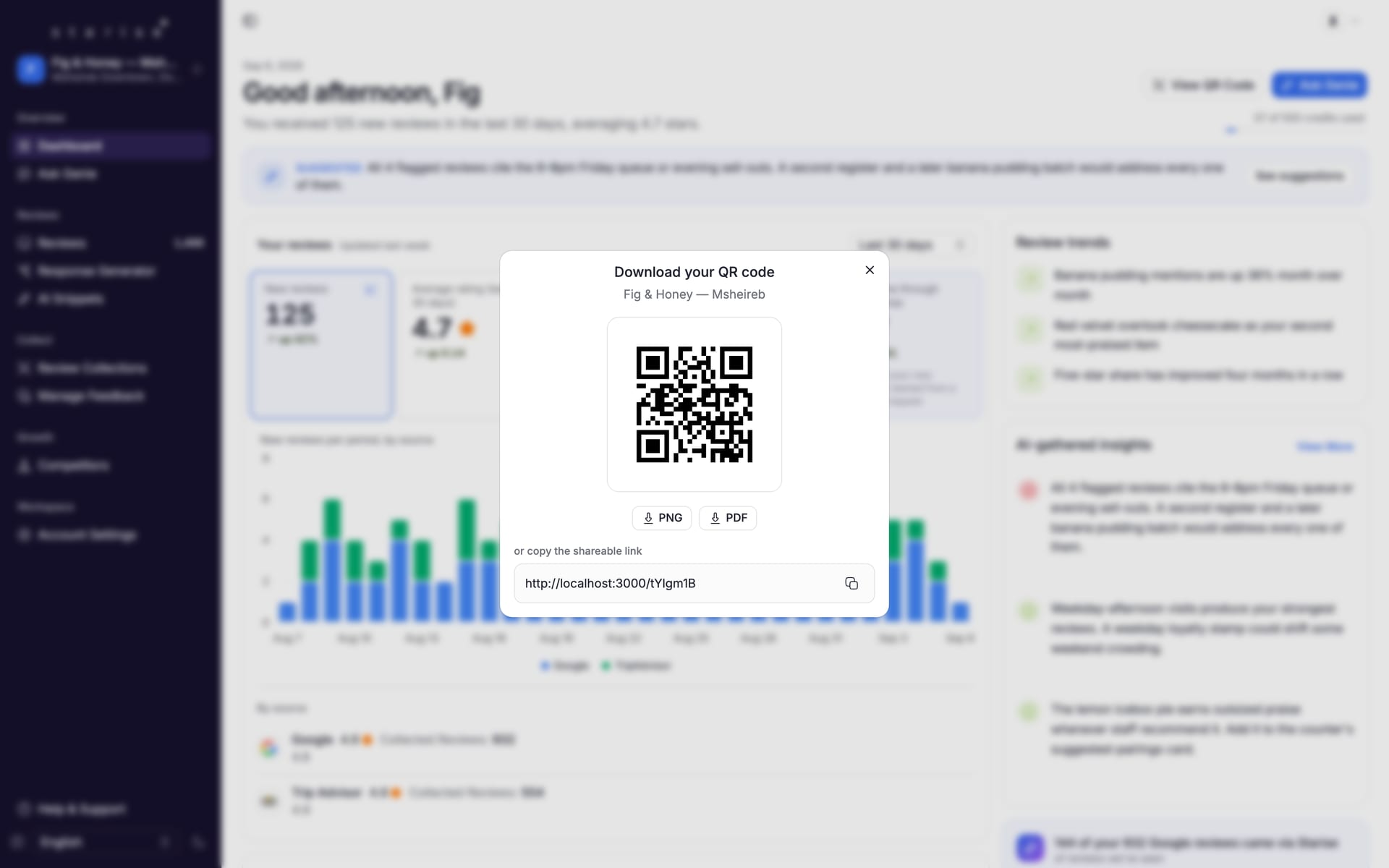The download dialog for a location's QR code, with PNG and PDF options