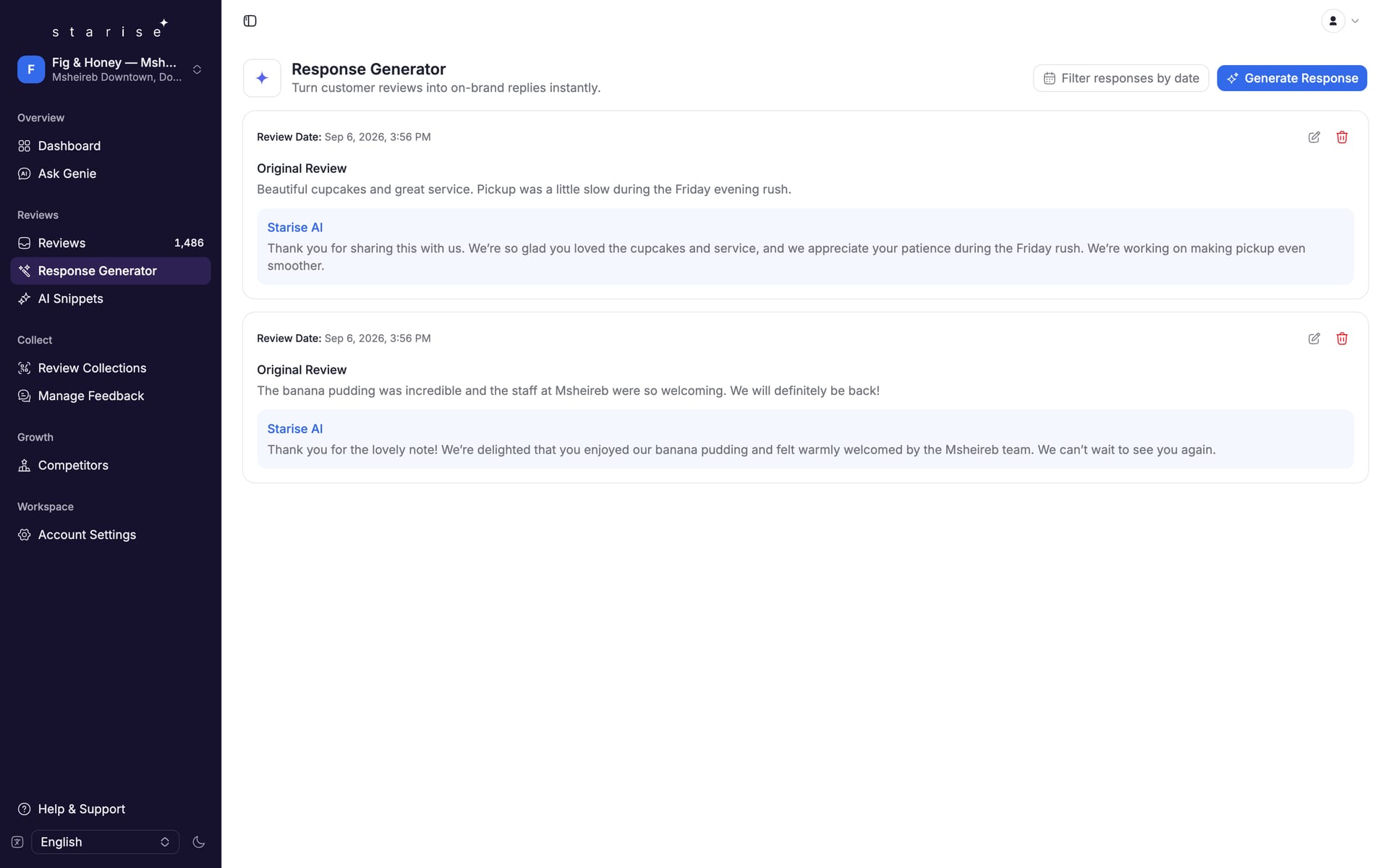 The response generator with a customer review and the drafted reply