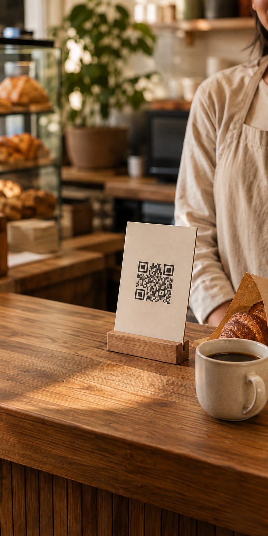 A review QR stand beside coffee and pastry at a cafe counter