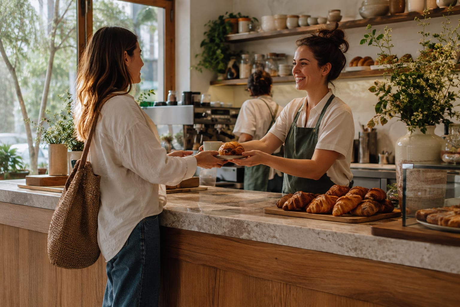 A barista serving coffee and fresh pastries to a customer