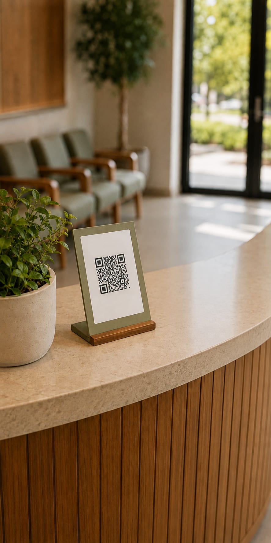 A review QR stand on the clinic reception counter