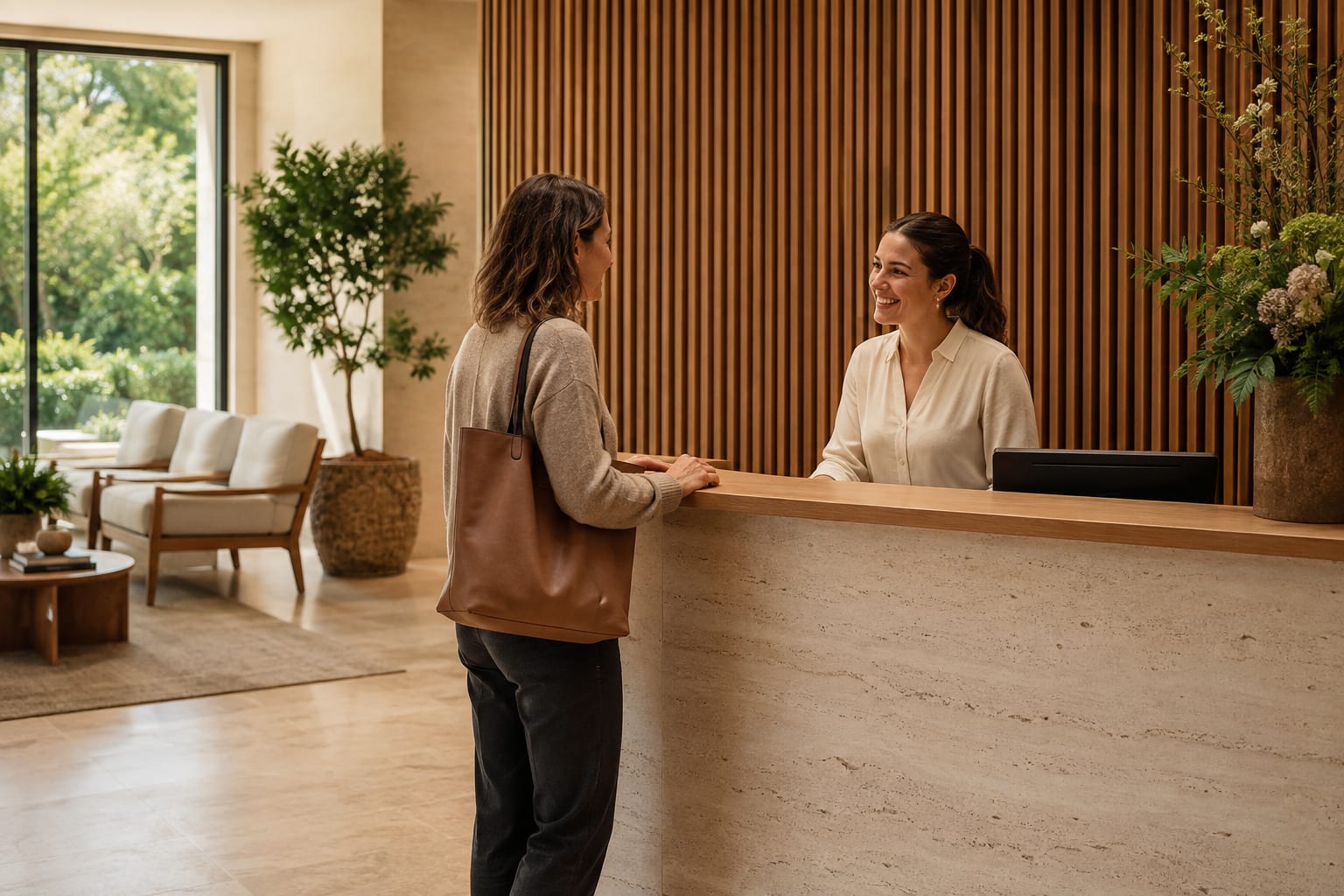 A receptionist welcoming a visitor to a calm clinic