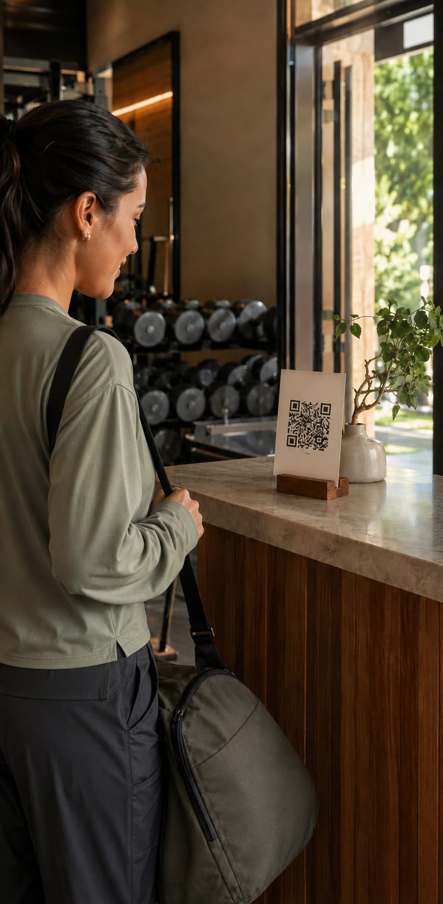 A review QR stand near the gym exit with a member ready to leave