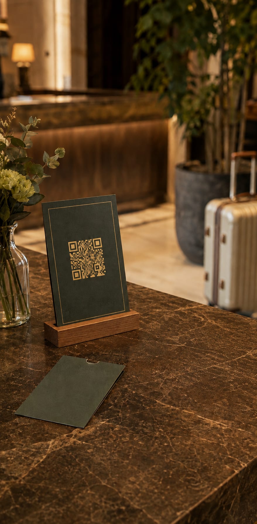 A review QR stand and key-card sleeve at hotel checkout