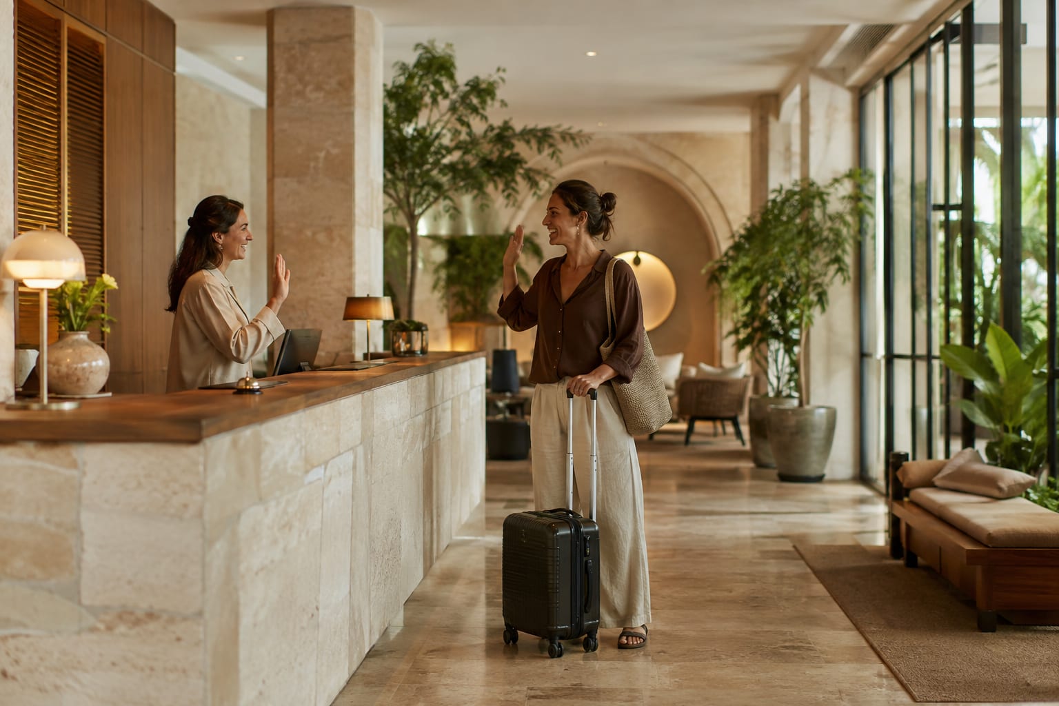 A receptionist saying goodbye to a guest at a boutique hotel