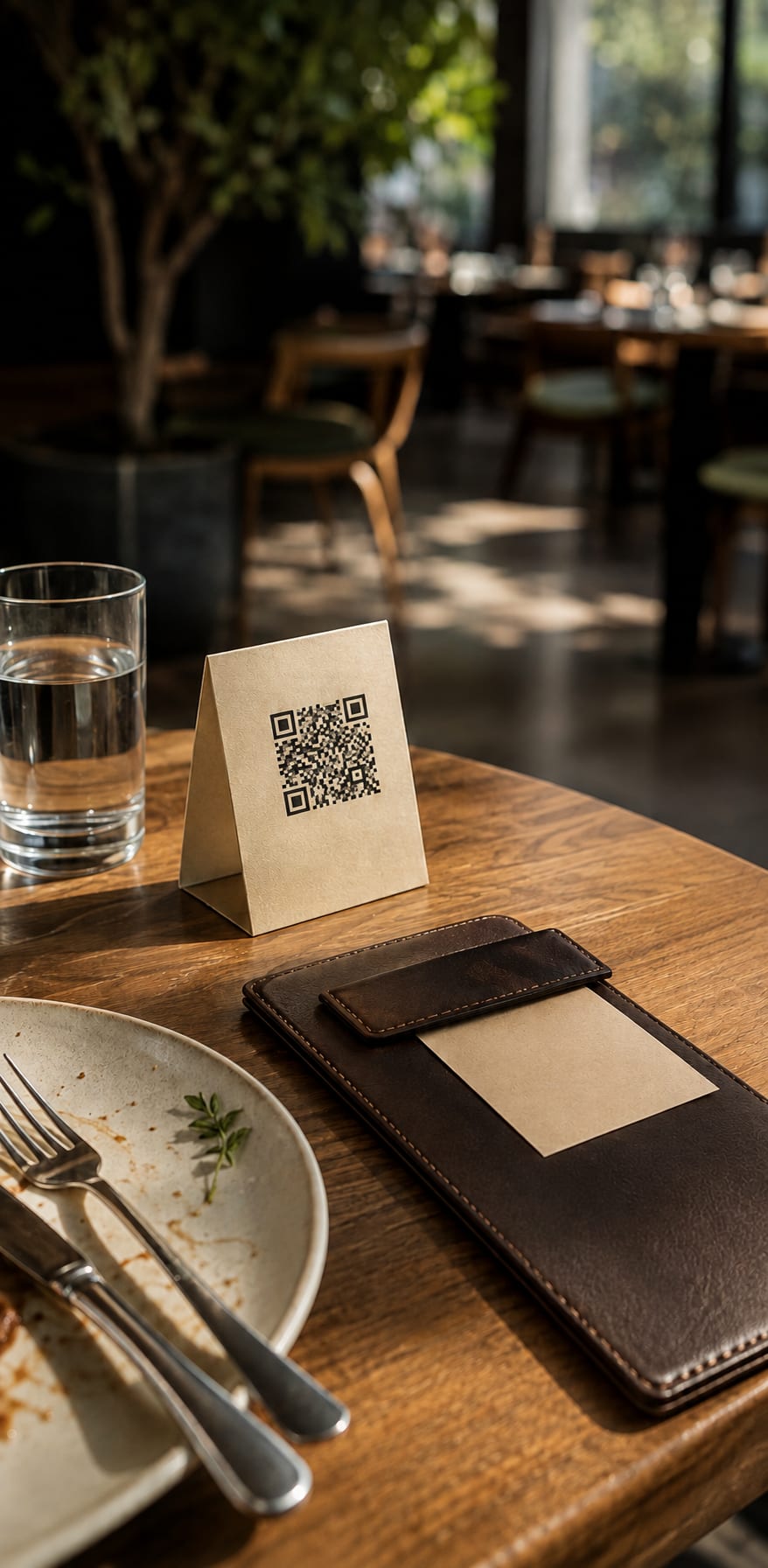 A review QR card beside the bill at a restaurant table