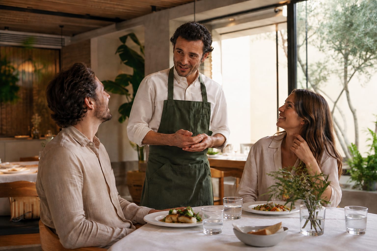 A waiter speaking with diners at a restaurant table