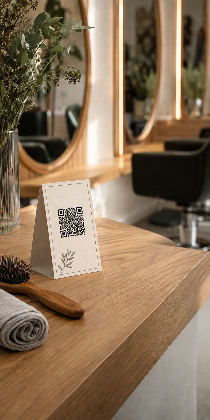 A review QR card beside a brush and towel at salon reception