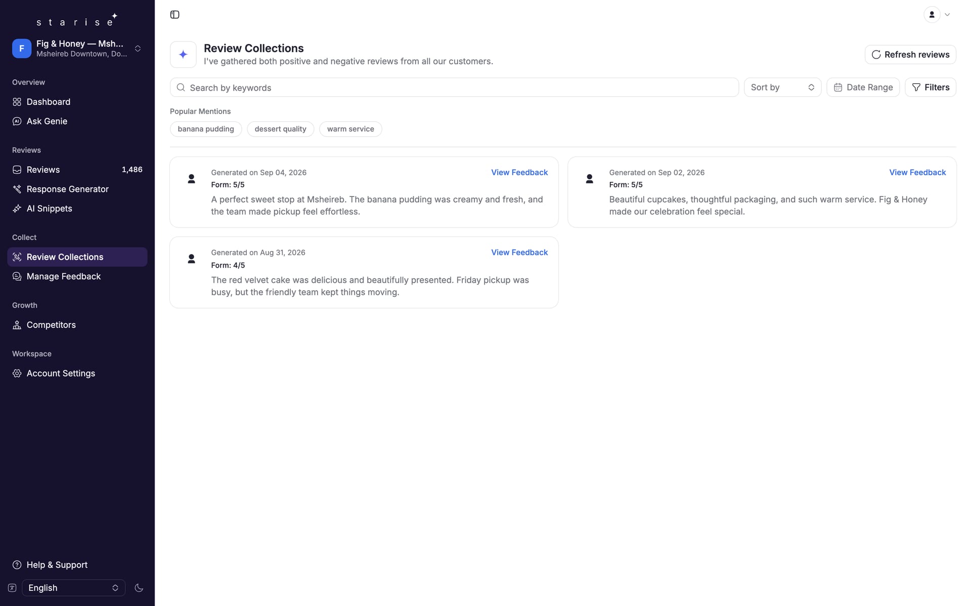 Review collections: the reviews customers wrote through Starise, with their dates and ratings