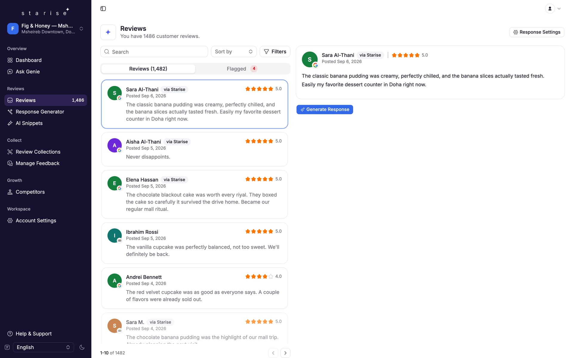 The review inbox with a selected five-star review and its reply panel