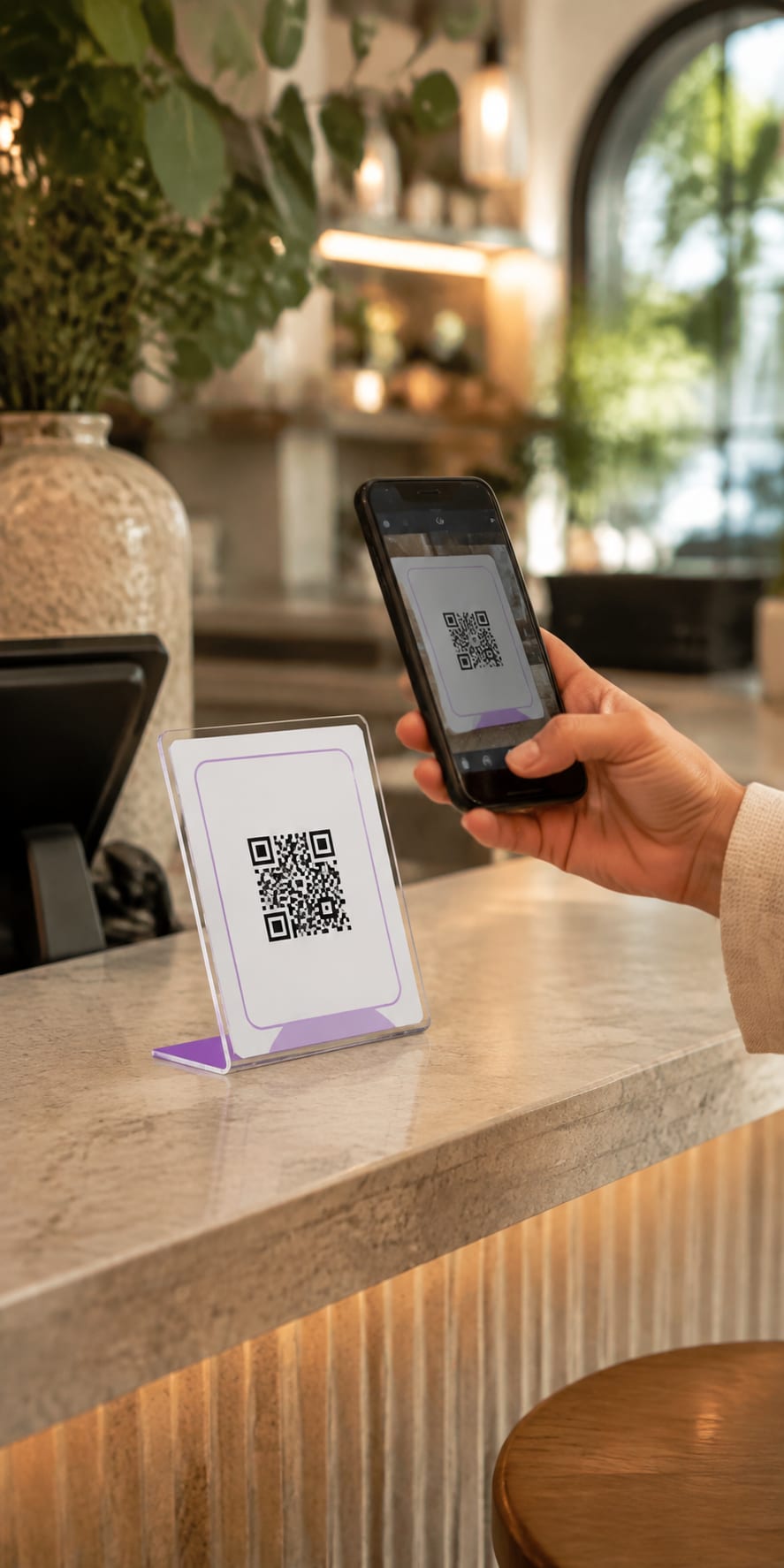 A customer scanning a tabletop review QR code at a cafe counter